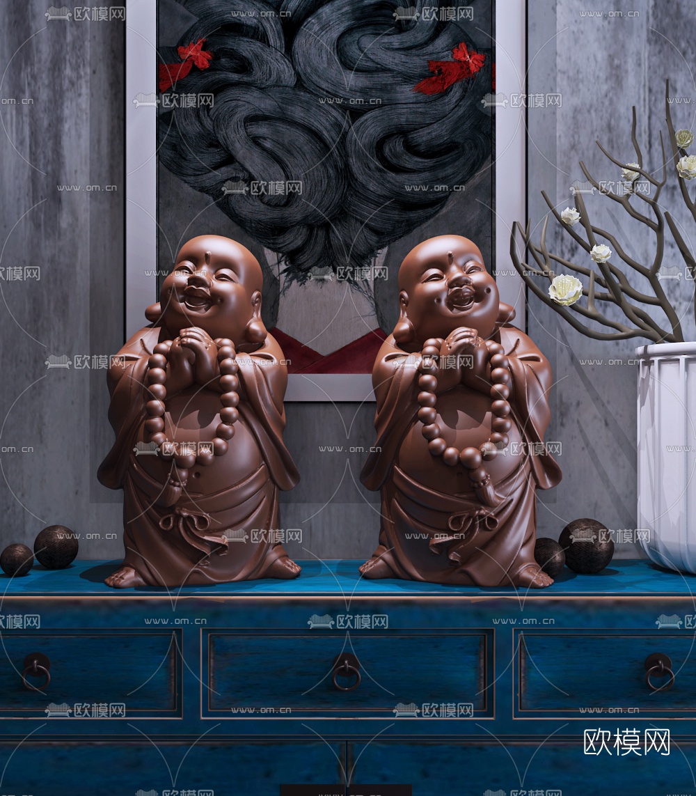 中式佛珠弥勒笑佛雕塑3d模型下载