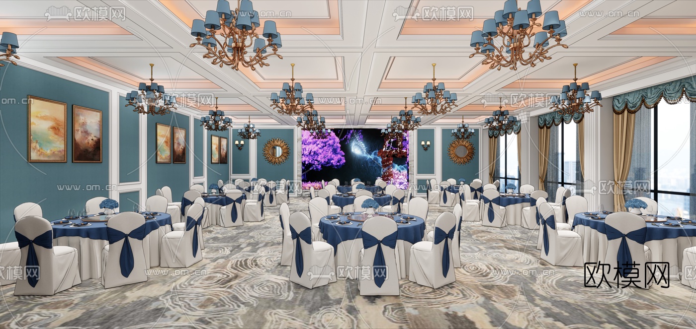 欧式酒店宴会厅su模型下载（渲染图1）