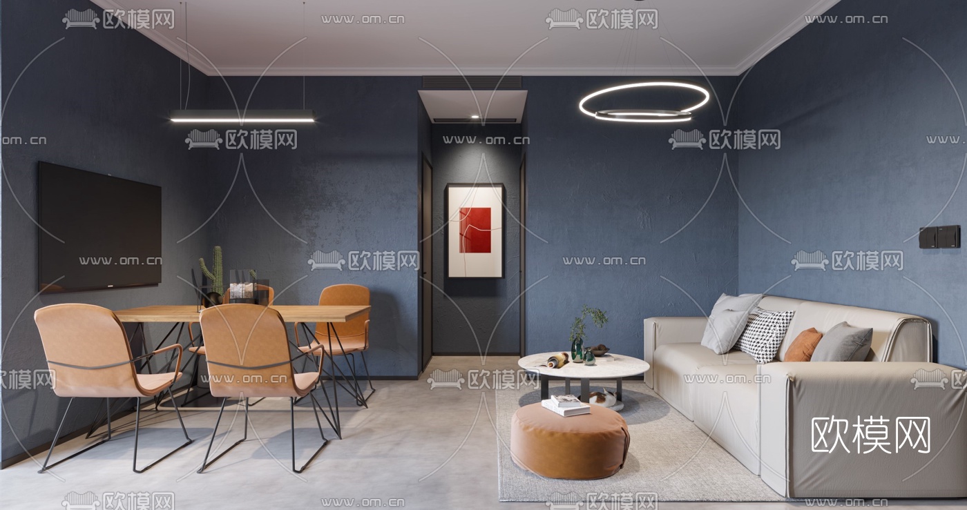 现代公寓客厅餐厅3d模型下载