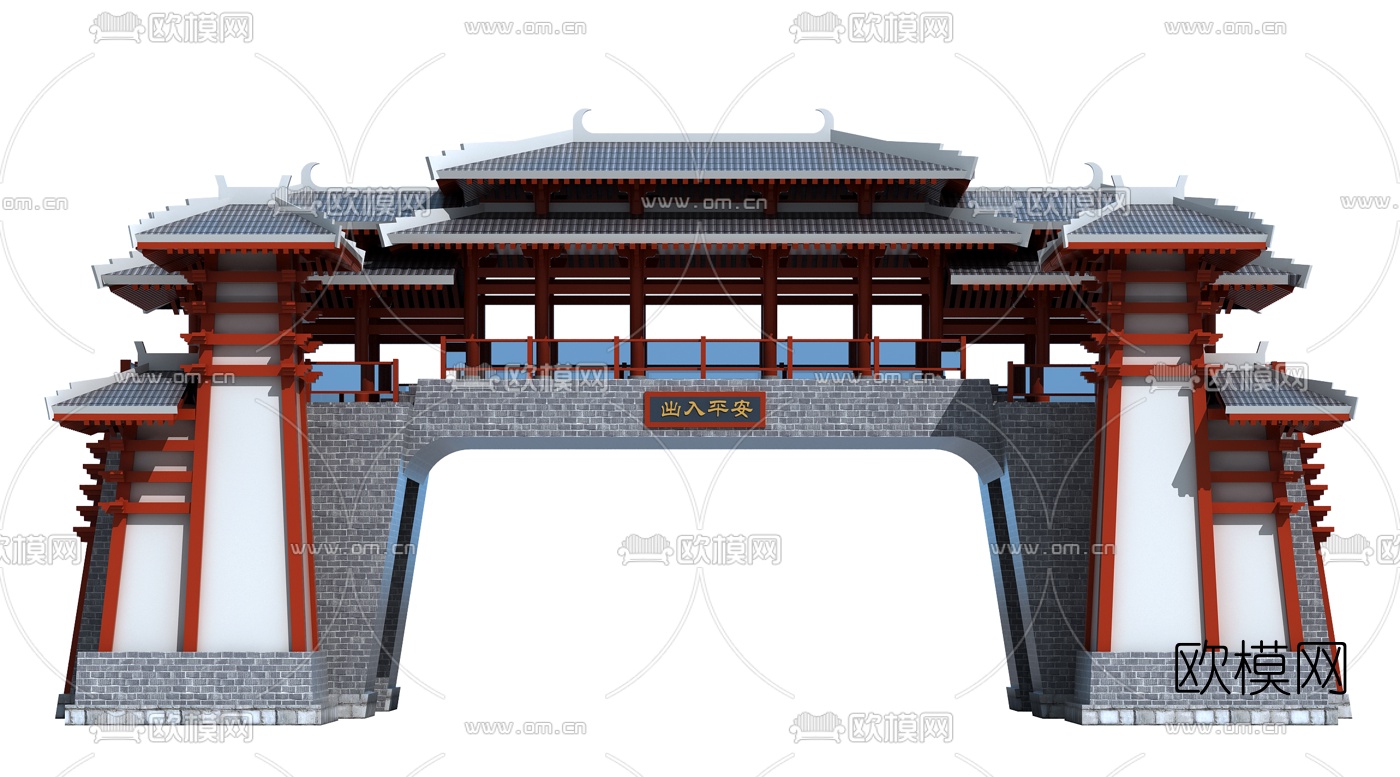 中式古建门楼3d模型下载（渲染图1）