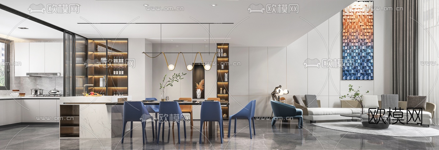 现代别墅客厅餐厅3d模型下载（渲染图3）