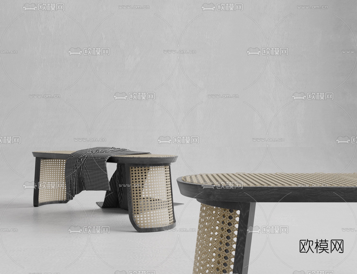 现代藤编床尾凳脚踏3d模型下载（渲染图2）
