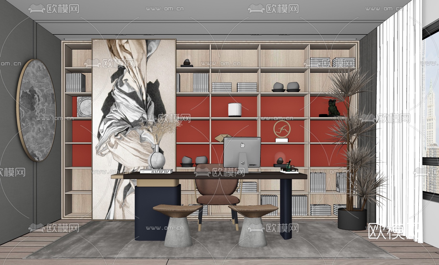 新中式书房su模型下载（渲染图2）