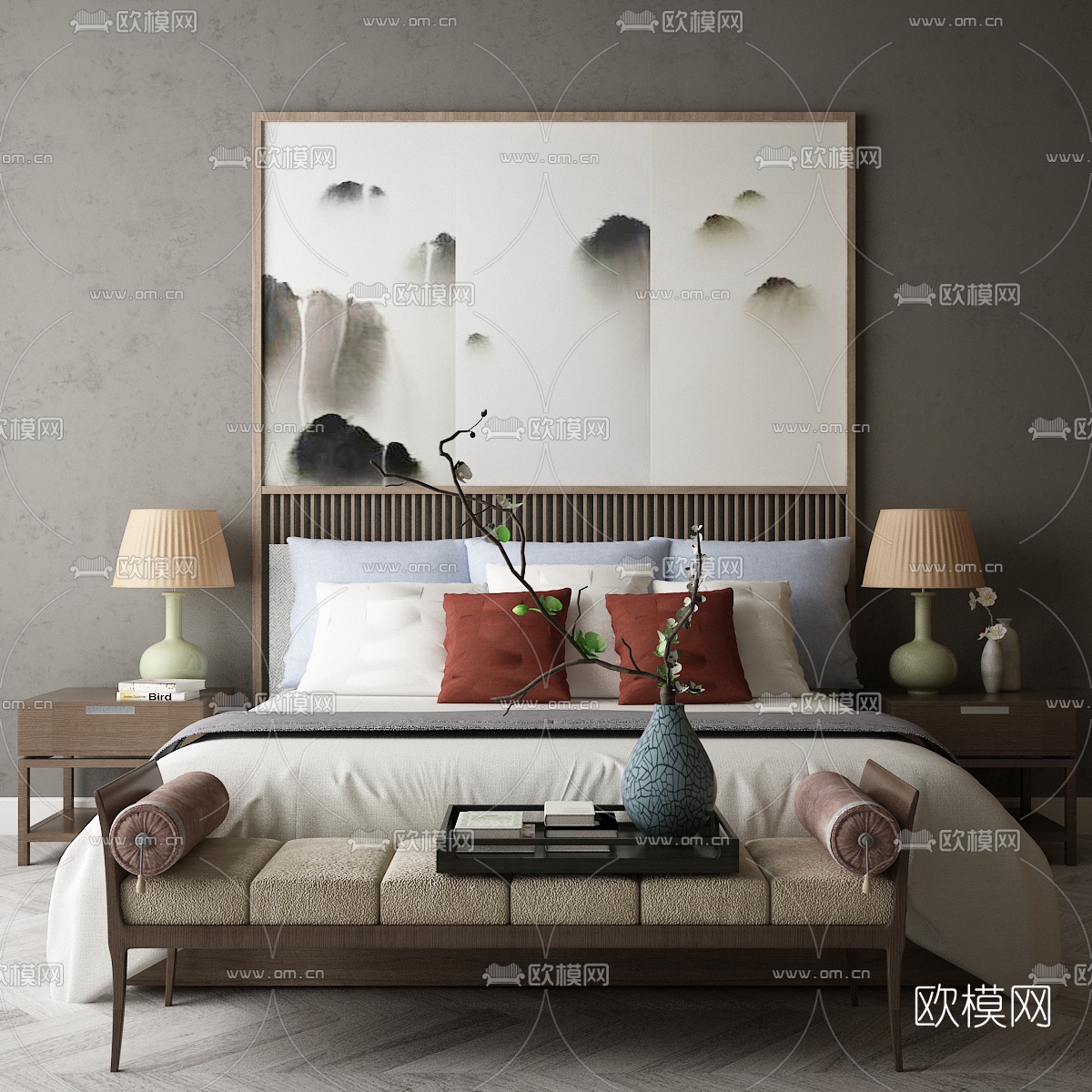 现代布艺双人床su模型下载