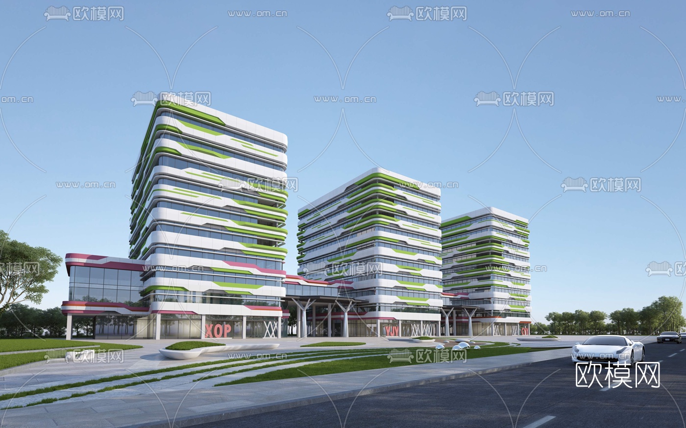 现代多层办公楼su模型下载（渲染图1）