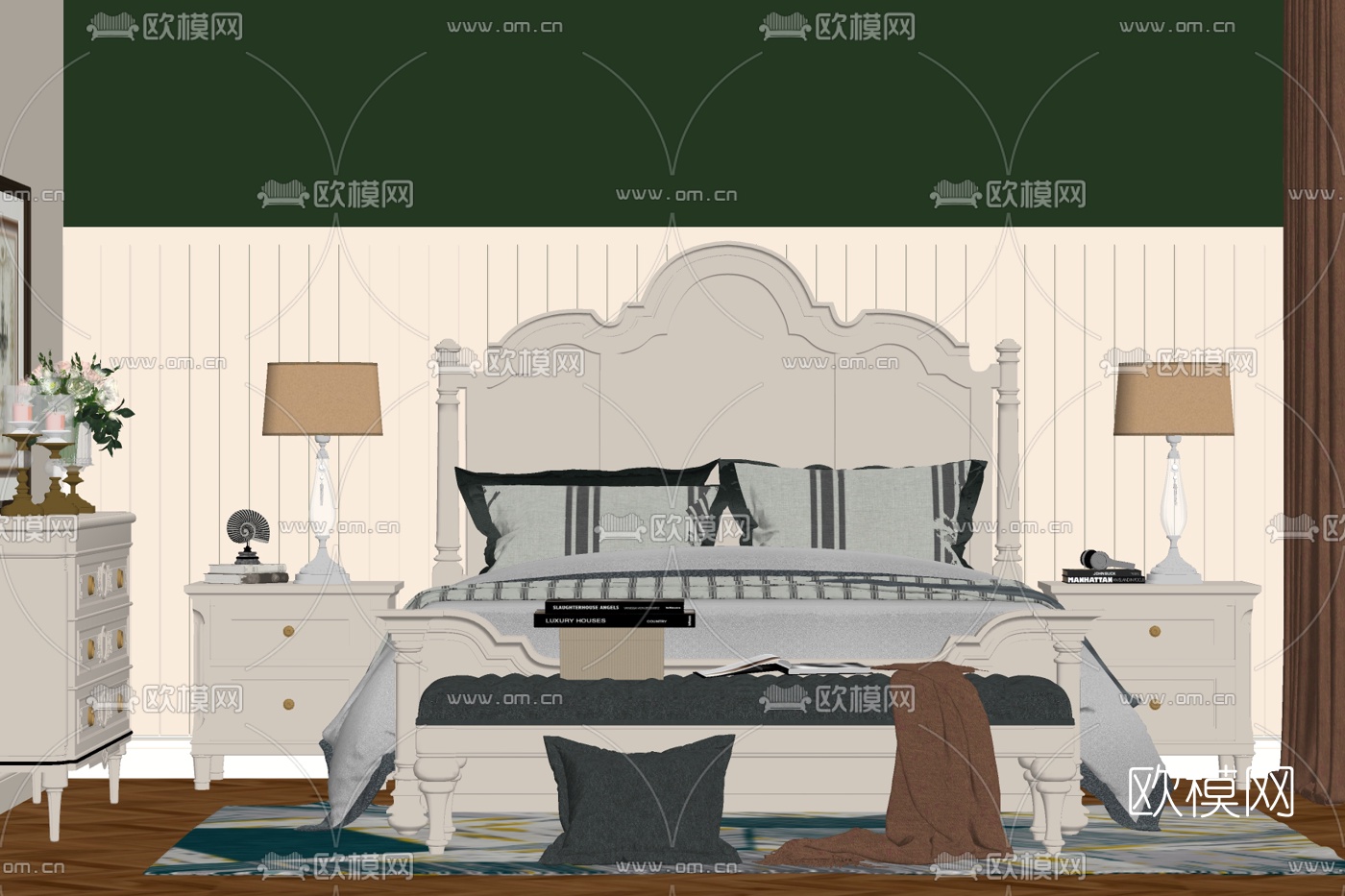 欧式布艺双人床su模型下载