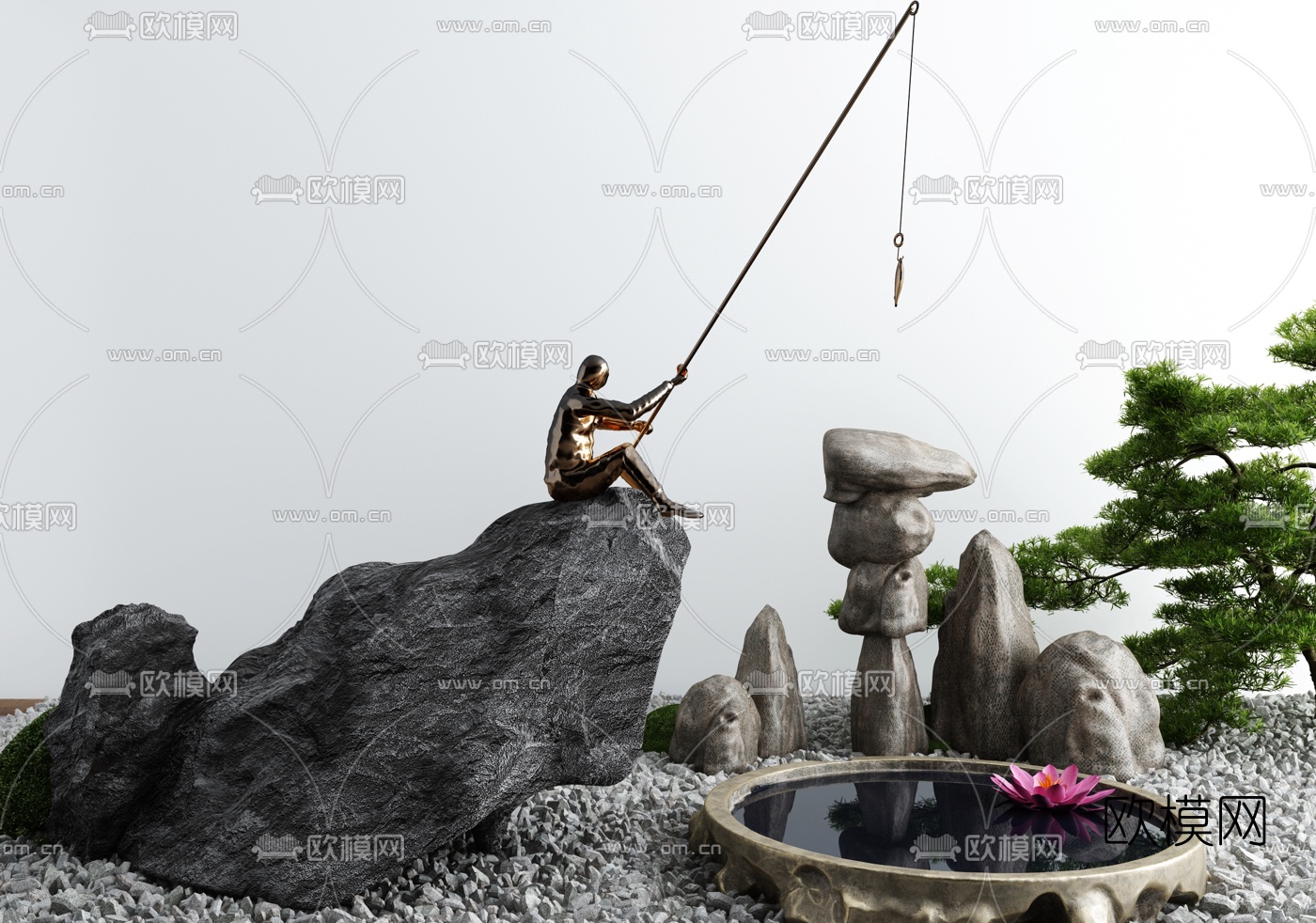 新中式钓鱼人雕塑山石小品3d模型