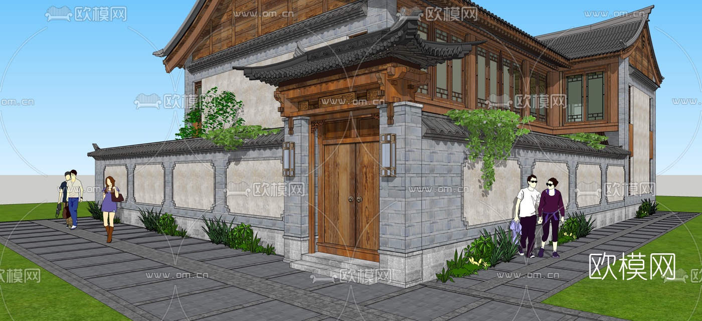 中式三开间院子su模型下载（渲染图4）