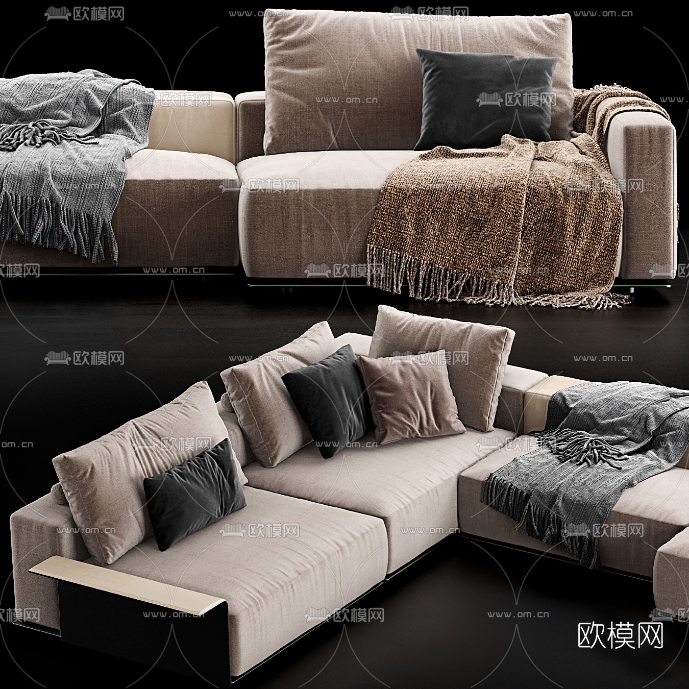 现代布艺转角多人沙发3d模型下载（渲染图1）