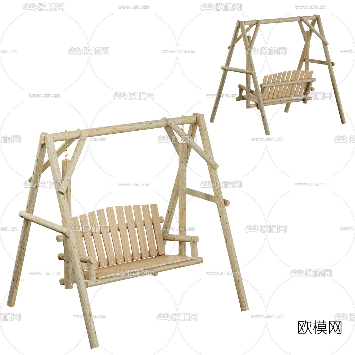 现代原木户外秋千吊椅3d模型下载（渲染图1）