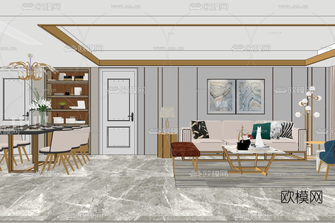 现代轻奢客厅免费su模型下载