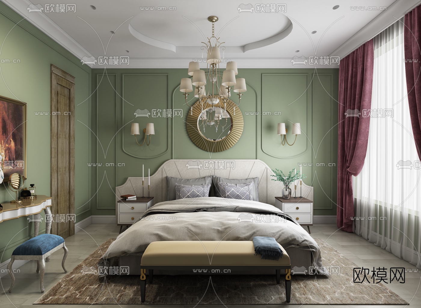 新古典卧室主人房3d模型下载（渲染图1）