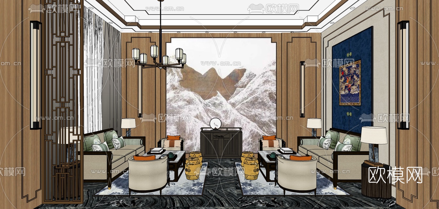 新中式轻奢接待区su模型下载