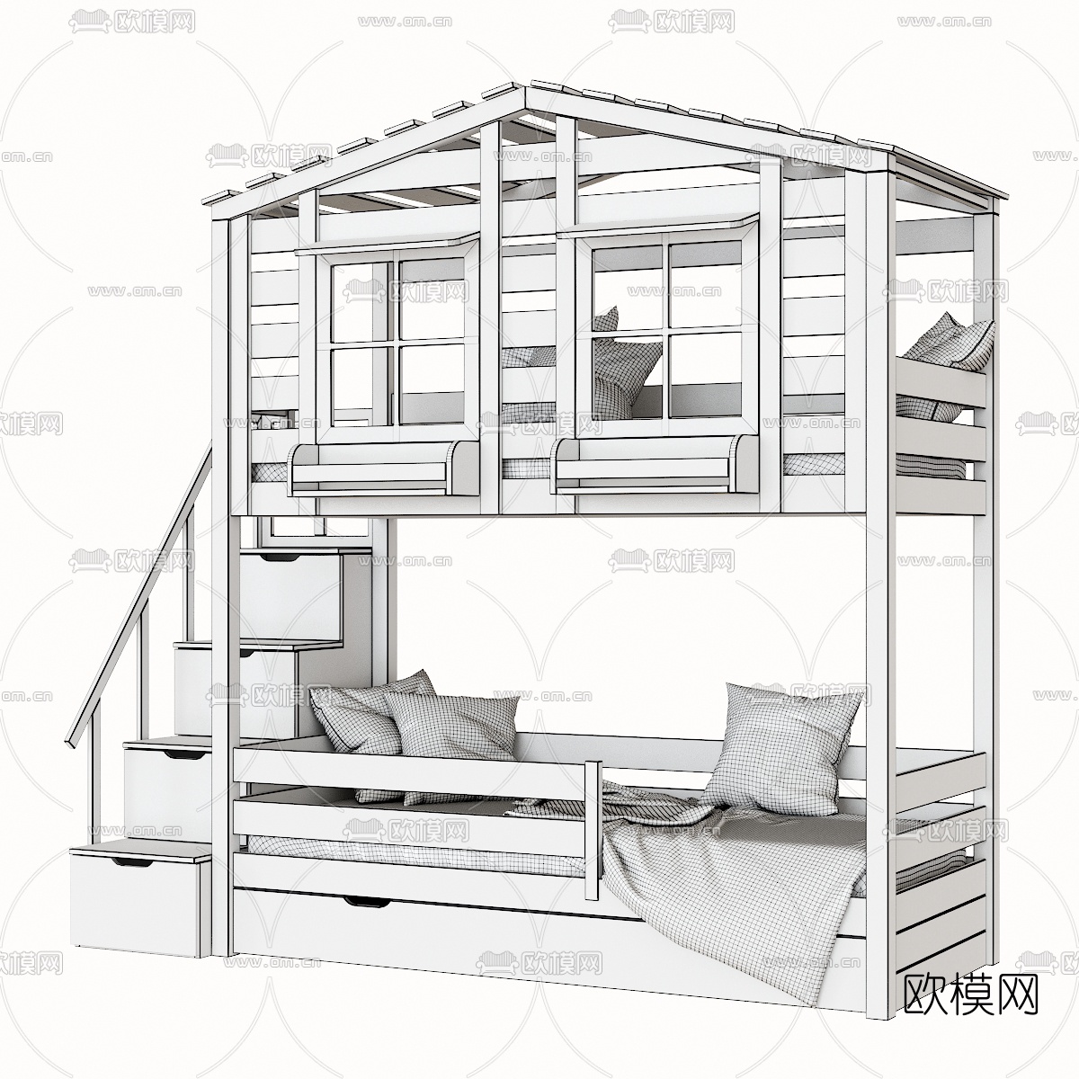 现代上下铺儿童床3d模型下载（渲染图3）