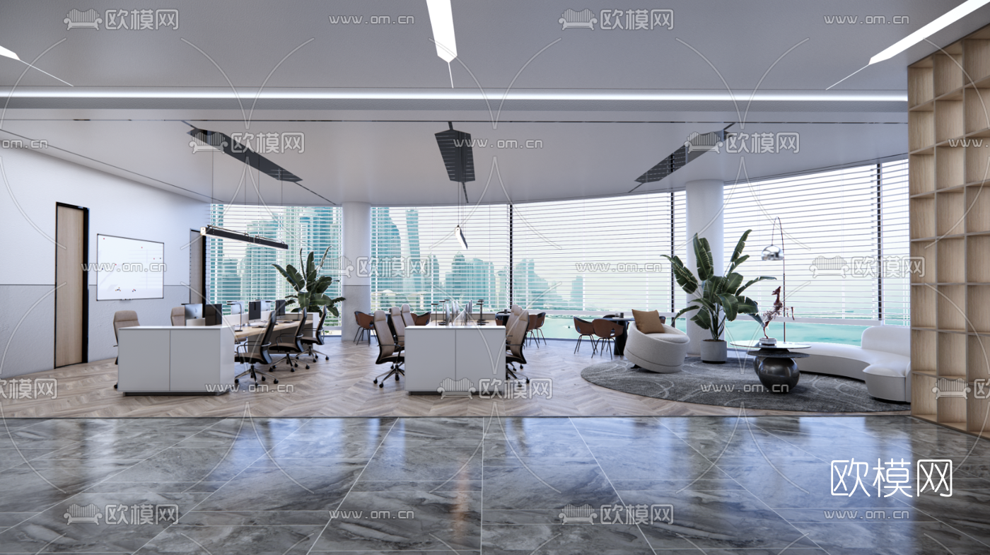 现代敞开式办公区su模型下载（渲染图1）