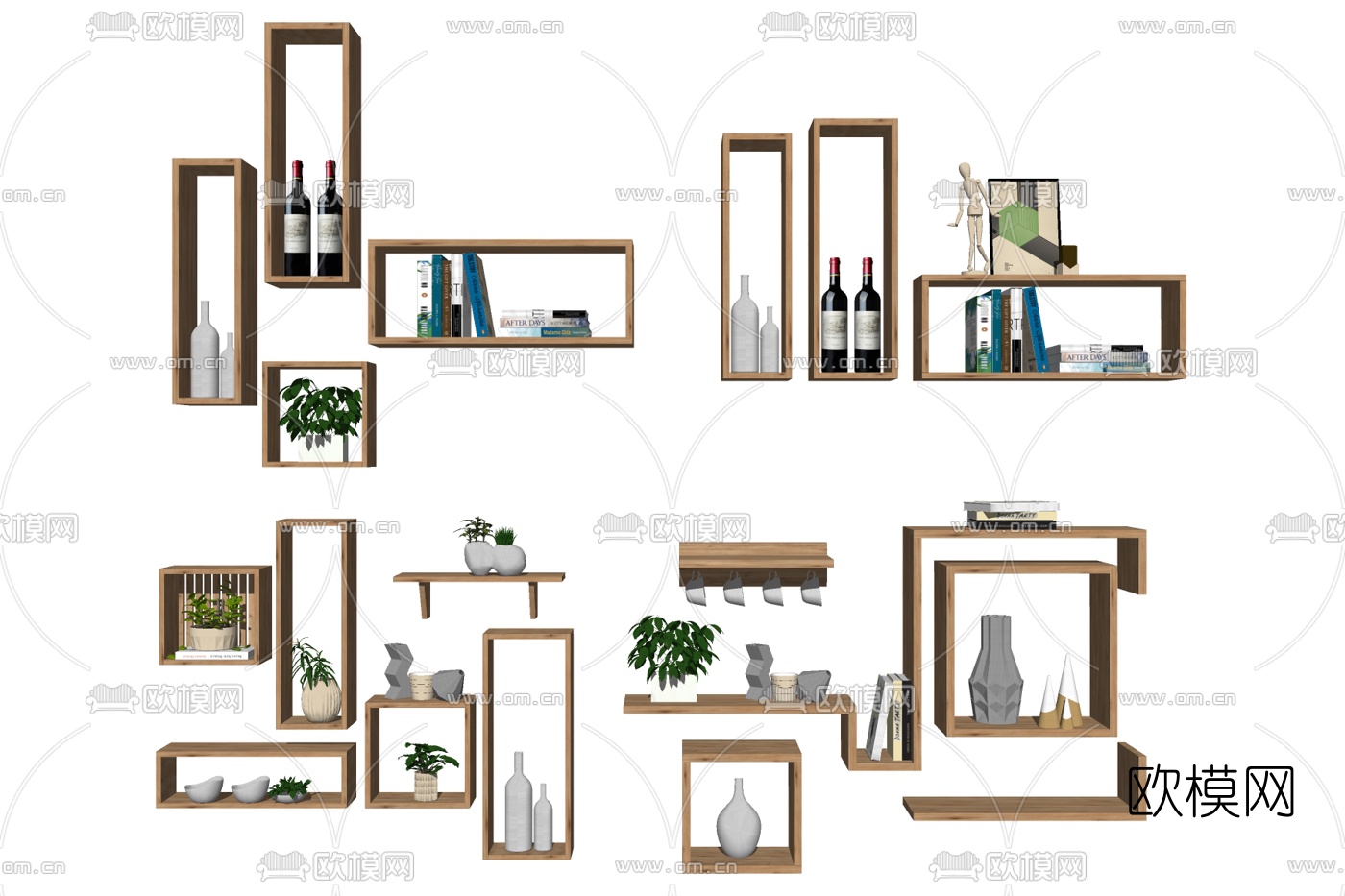 现代原木壁柜su模型下载