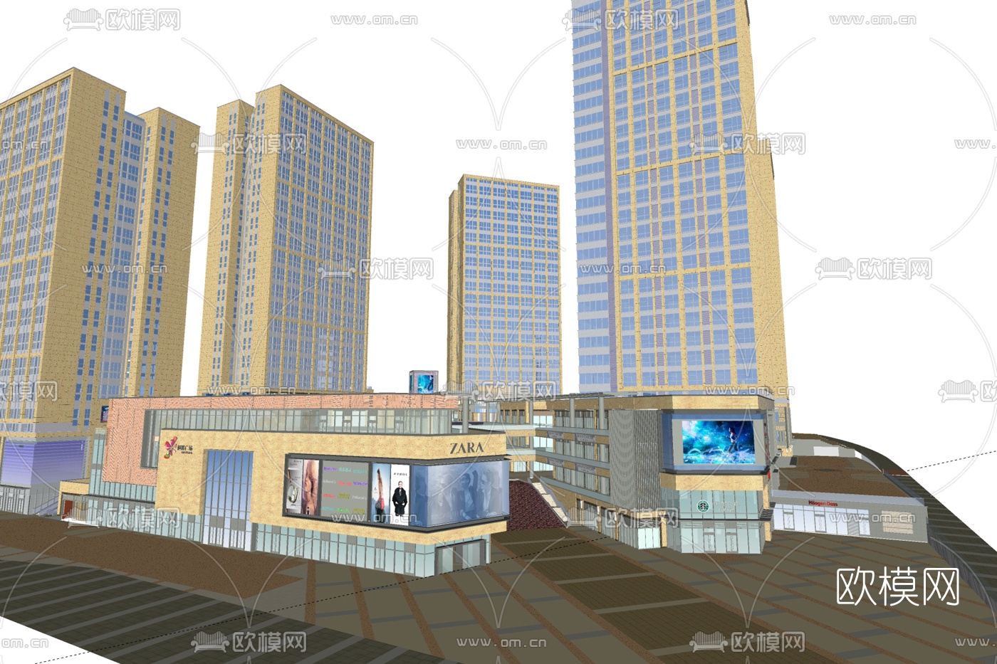 现代商业街su模型下载