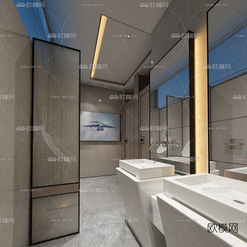 现代公共卫生间免费3d模型下载（渲染图1）