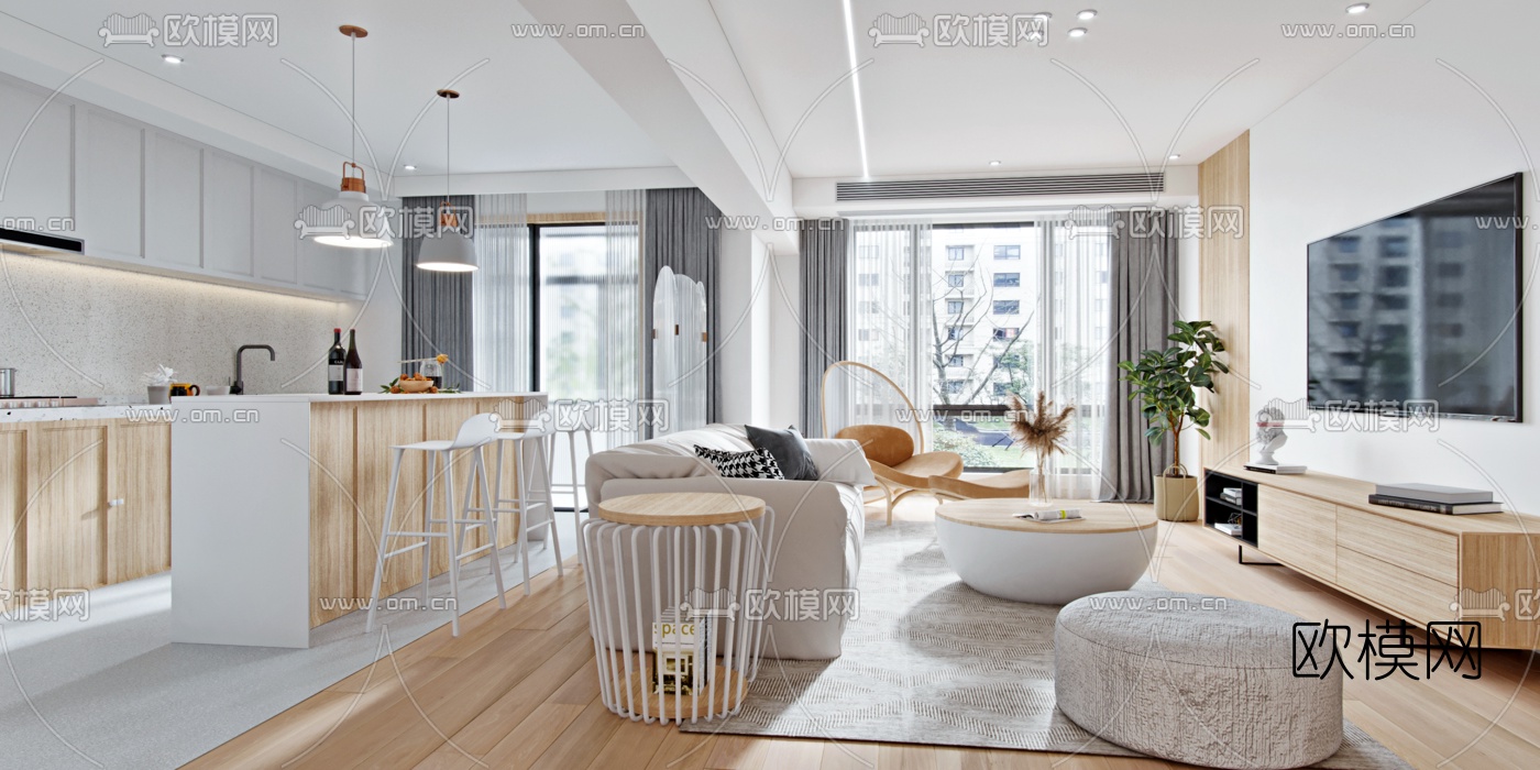 北欧客厅吧台厨房3d模型下载（渲染图2）