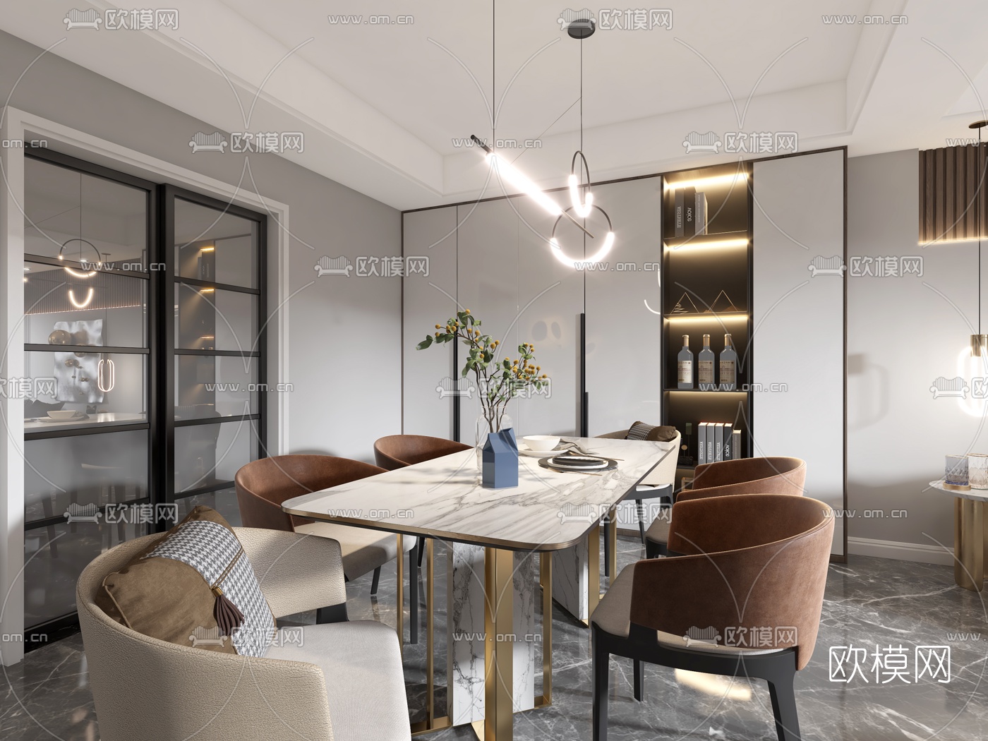 现代轻奢客厅餐厅3d模型