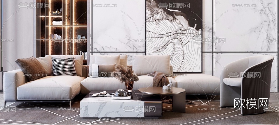 现代转角沙发组合3d模型下载(渲染图1)