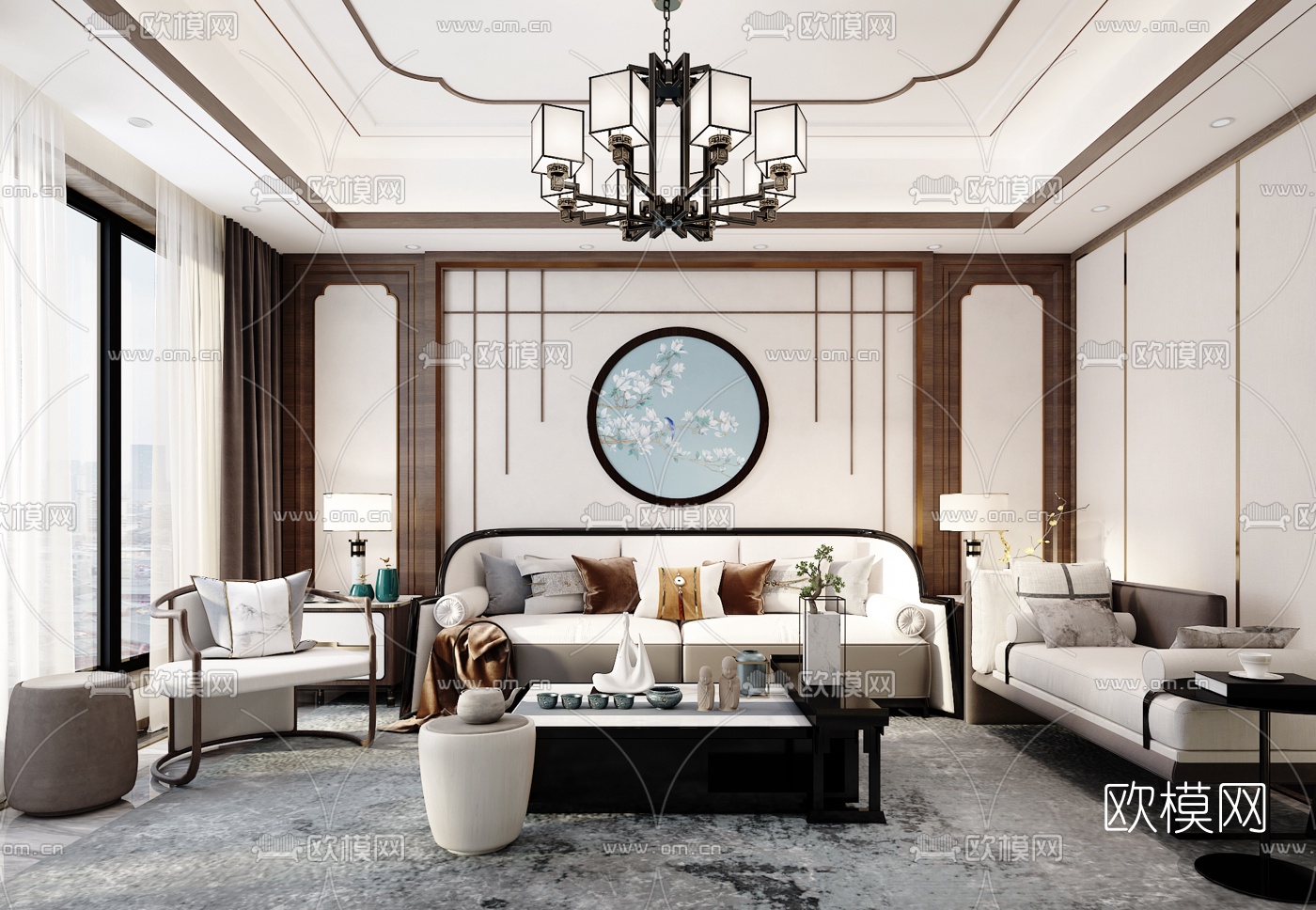 新中式布艺沙发组合3d模型下载