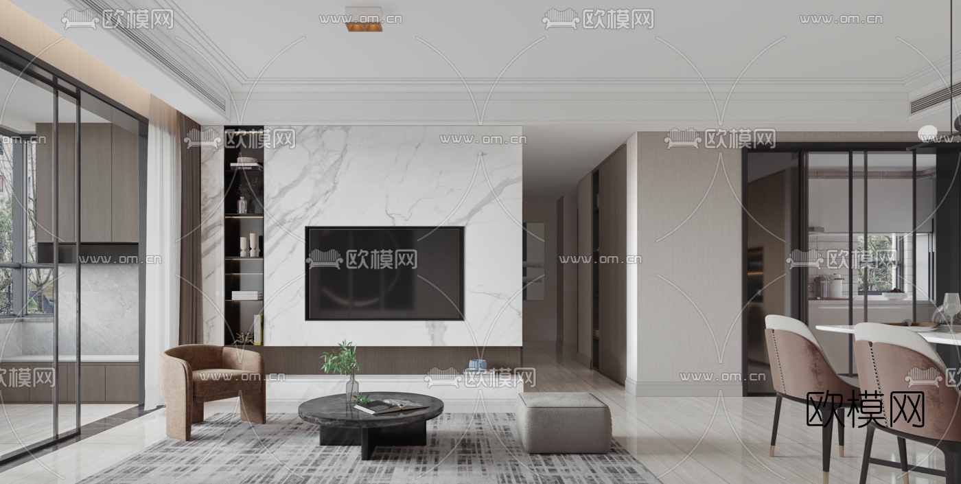 现代简约客厅餐厅3d模型下载（渲染图3）