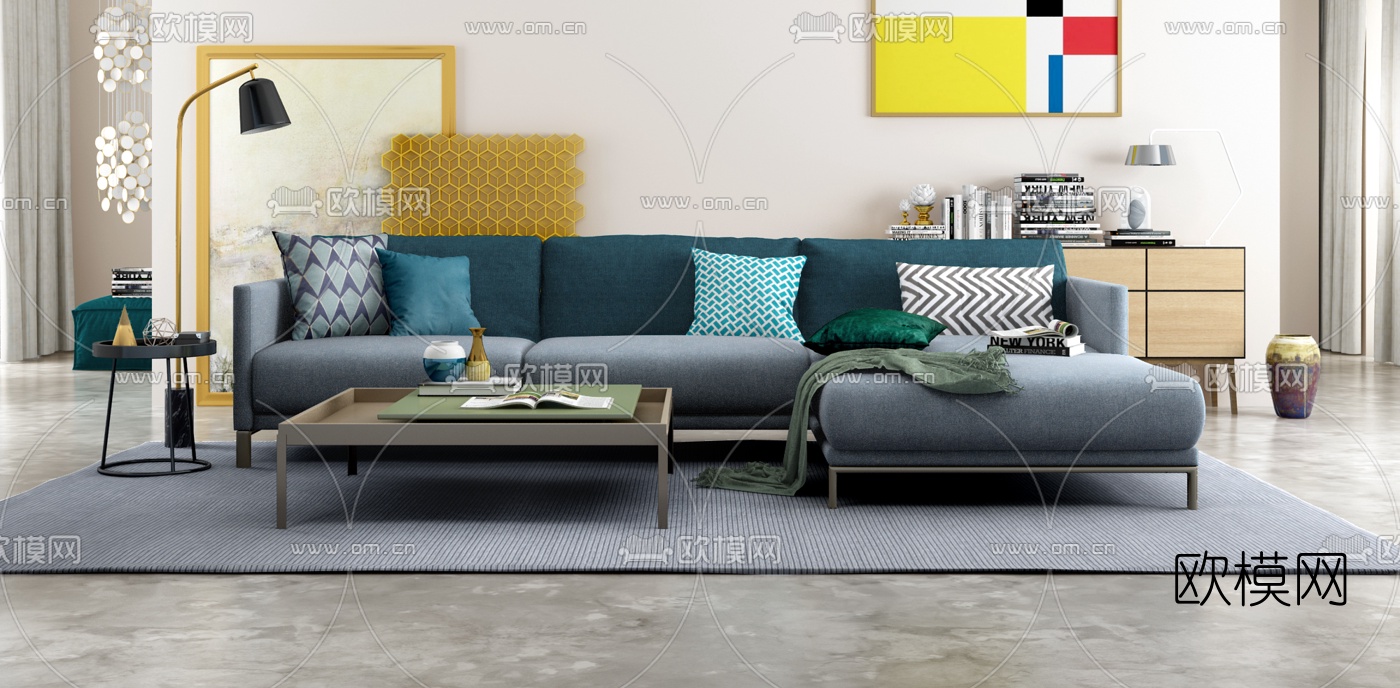 德国ROLF BENZ品牌 北欧布艺转角沙发3D模型下载（渲染图1）