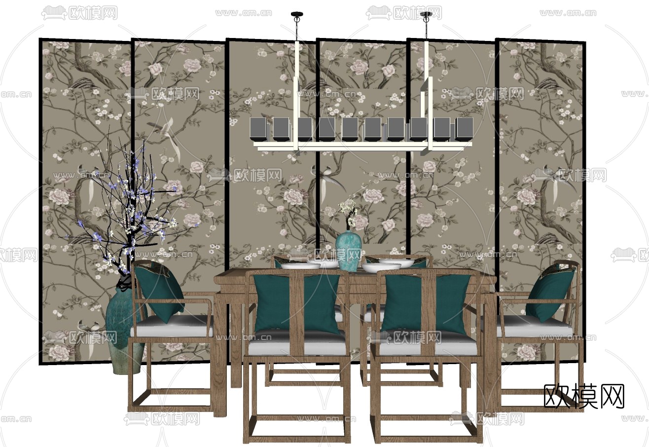 中式实木餐桌椅su模型下载