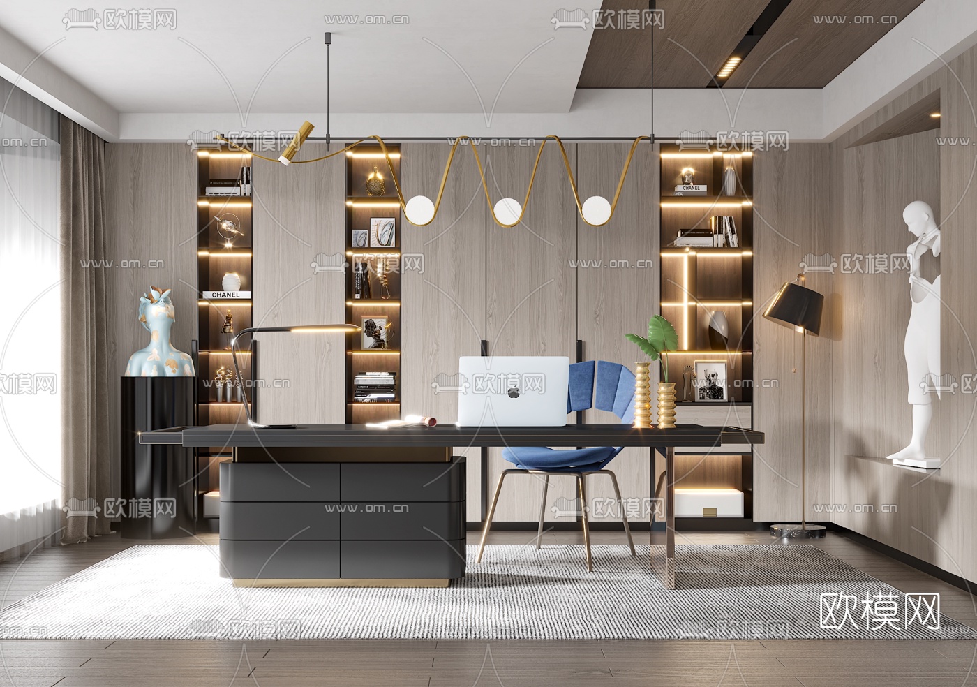 现代轻奢书房3d模型下载