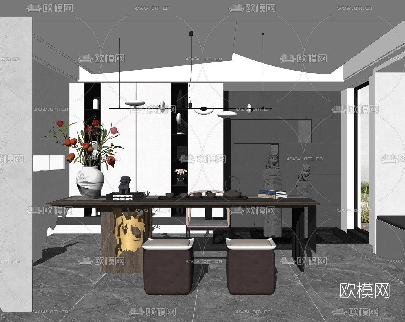 新中式书房su模型下载