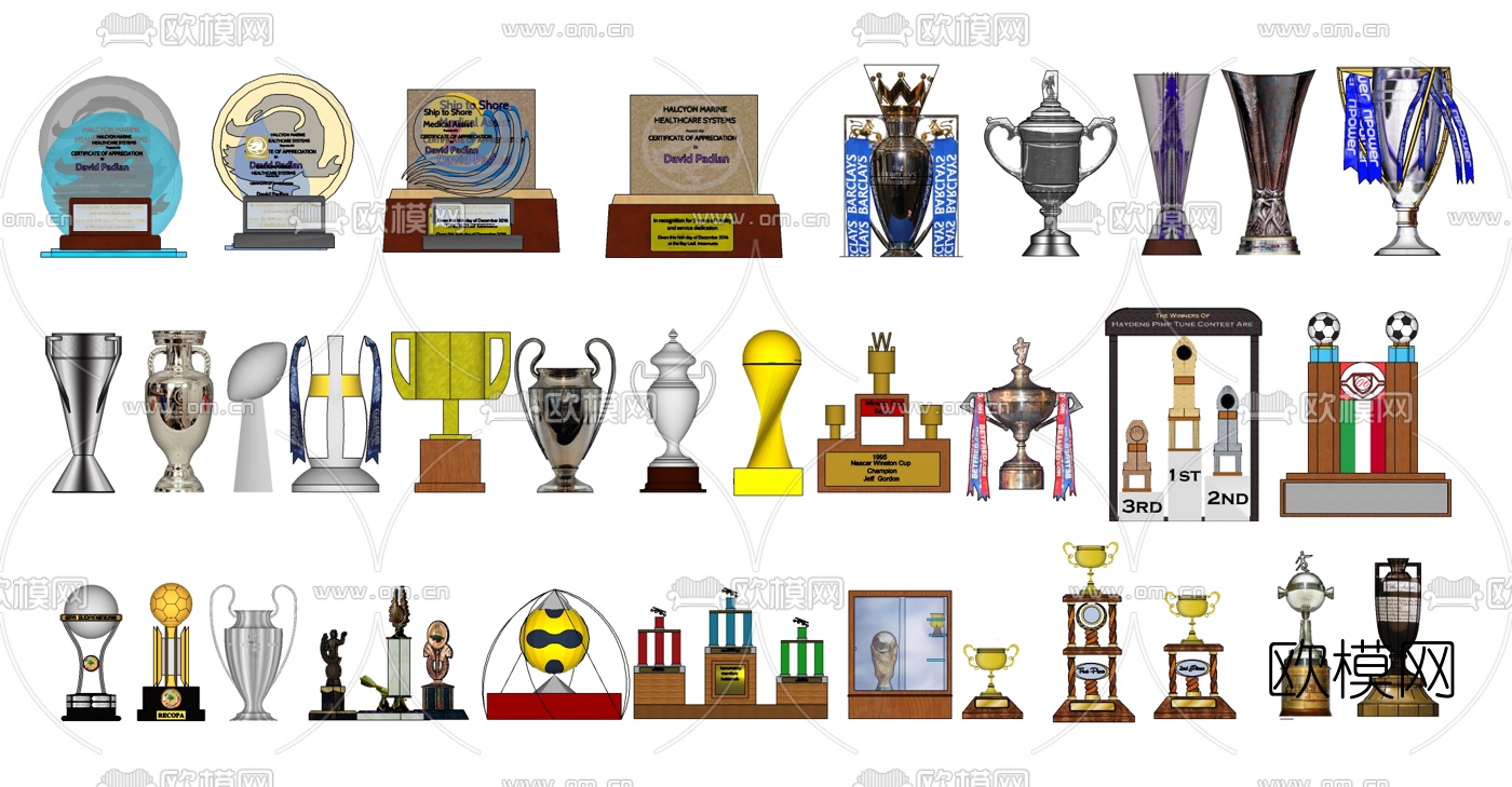 现代奖杯奖牌荣誉证书su模型下载