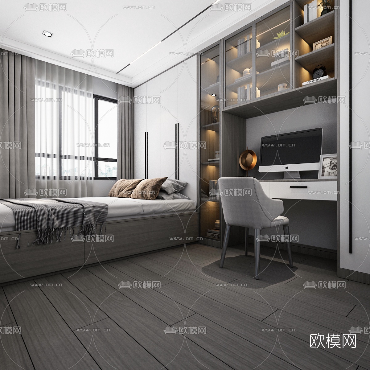 现代高级灰榻榻米卧室3d模型下载