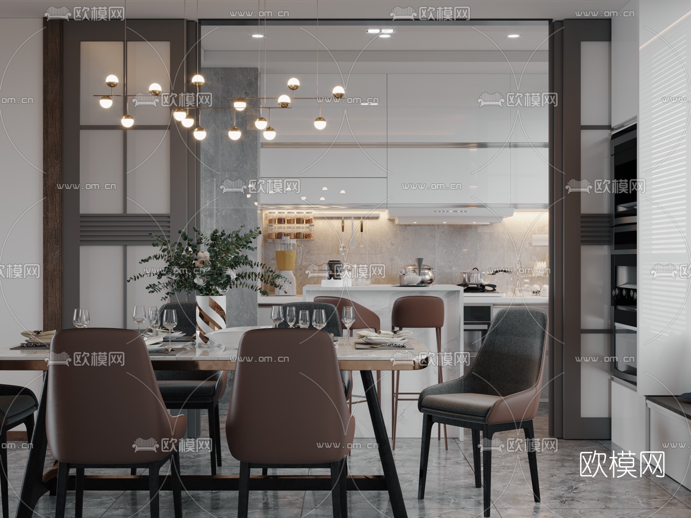 现代轻奢客厅餐厅厨房3d模型下载（渲染图3）