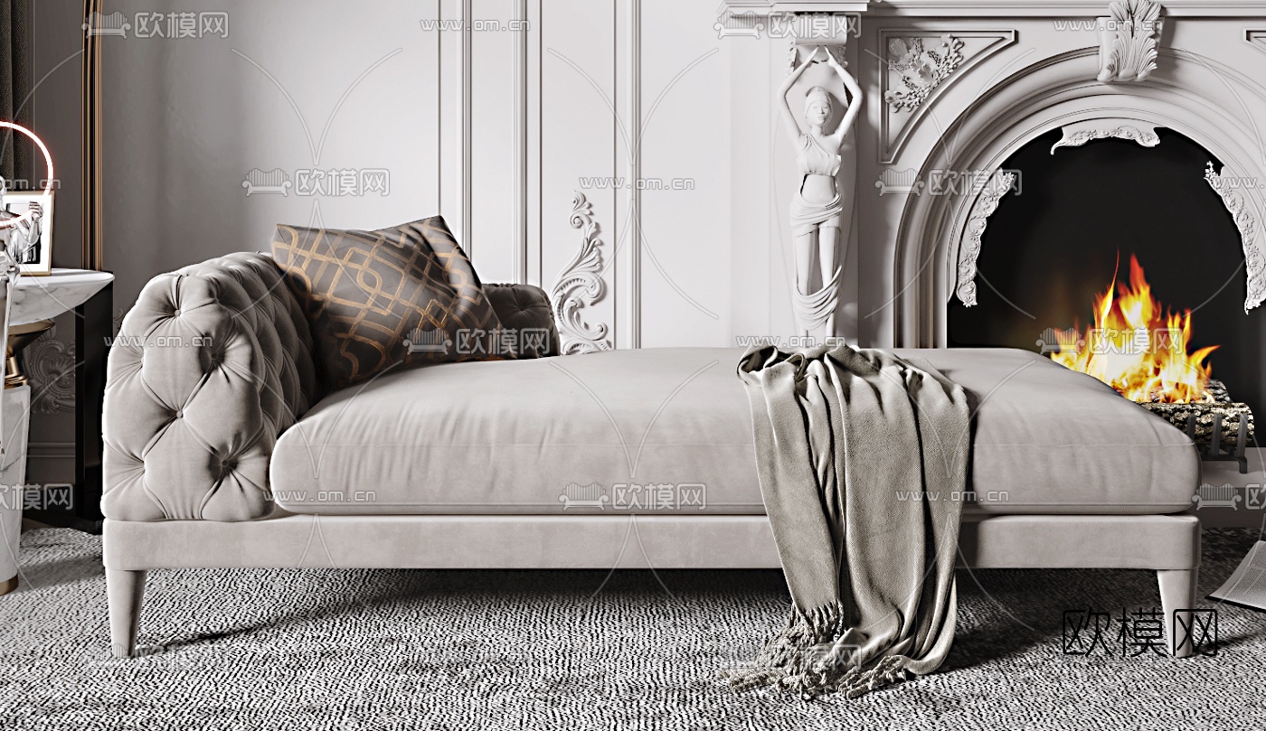 法式布艺贵妃椅3d模型下载（渲染图2）