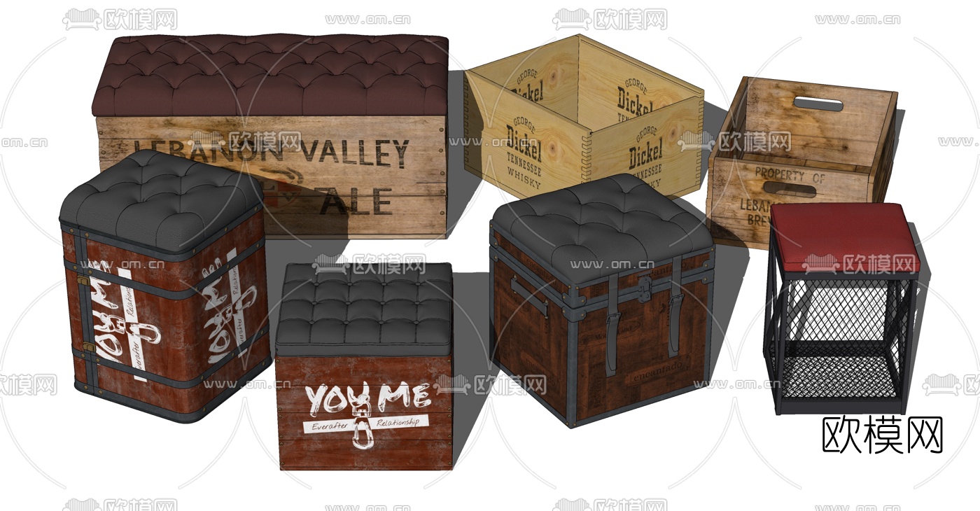 工业风皮革沙发凳凳子su模型下载