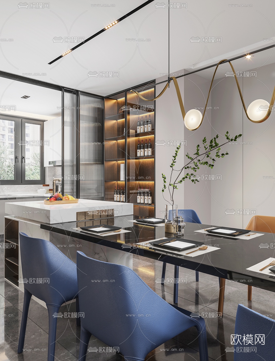 现代别墅客厅餐厅3d模型下载（渲染图5）