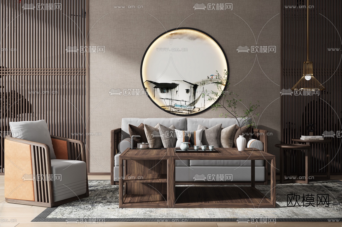 新中式实木沙发组合3d模型