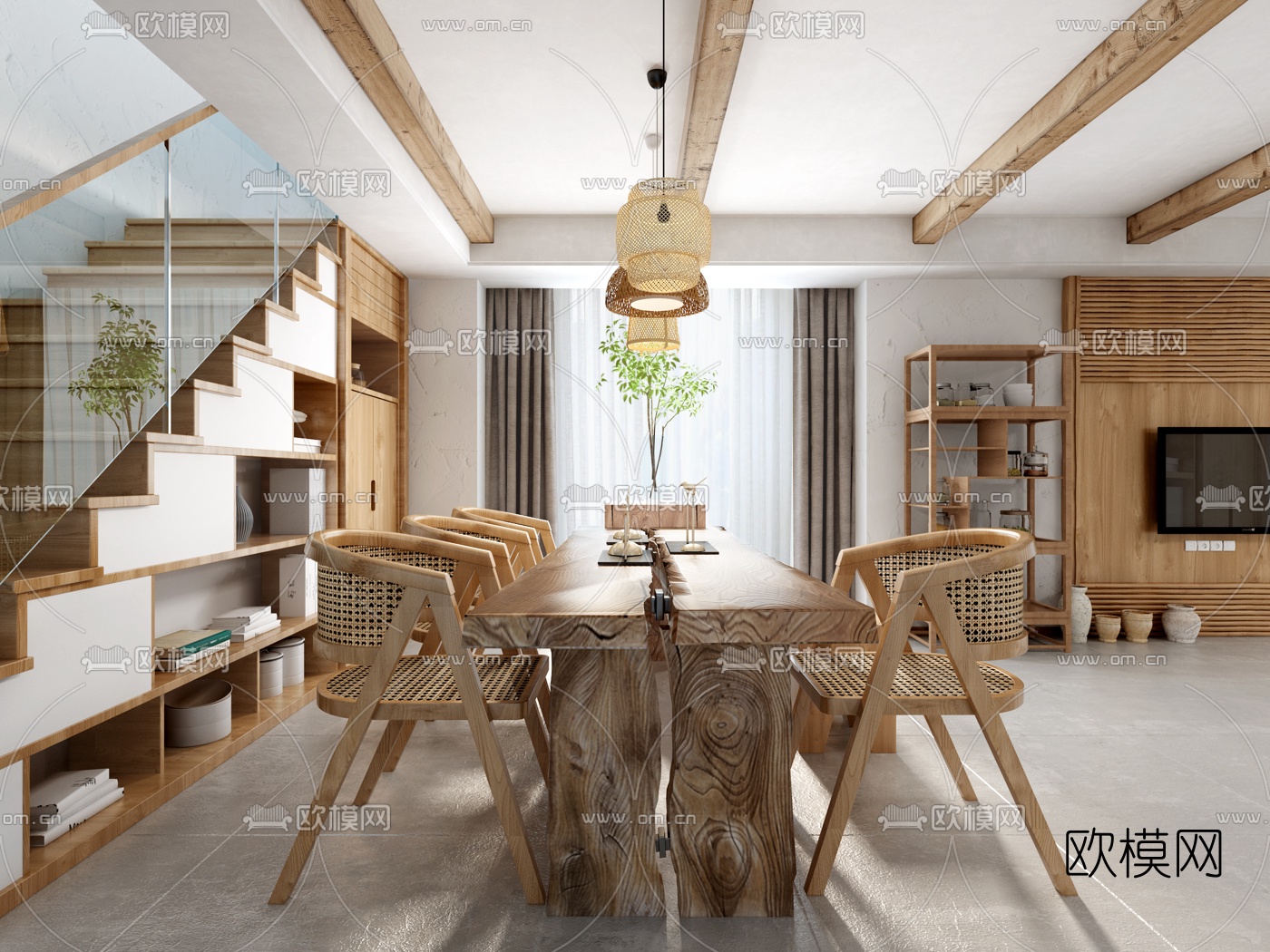 自然风民宿客厅餐厅3d模型