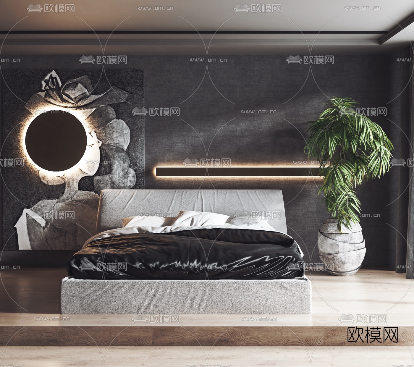 现代布艺皮革双人床3d模型下载