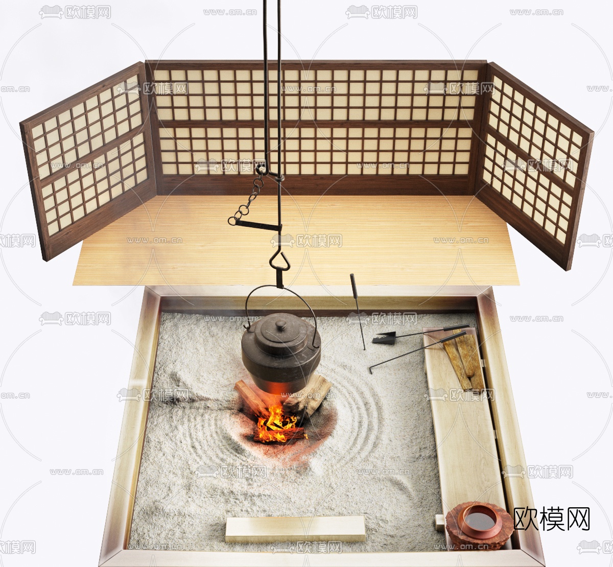 日式囲炉裏摆件3d模型下载（渲染图2）