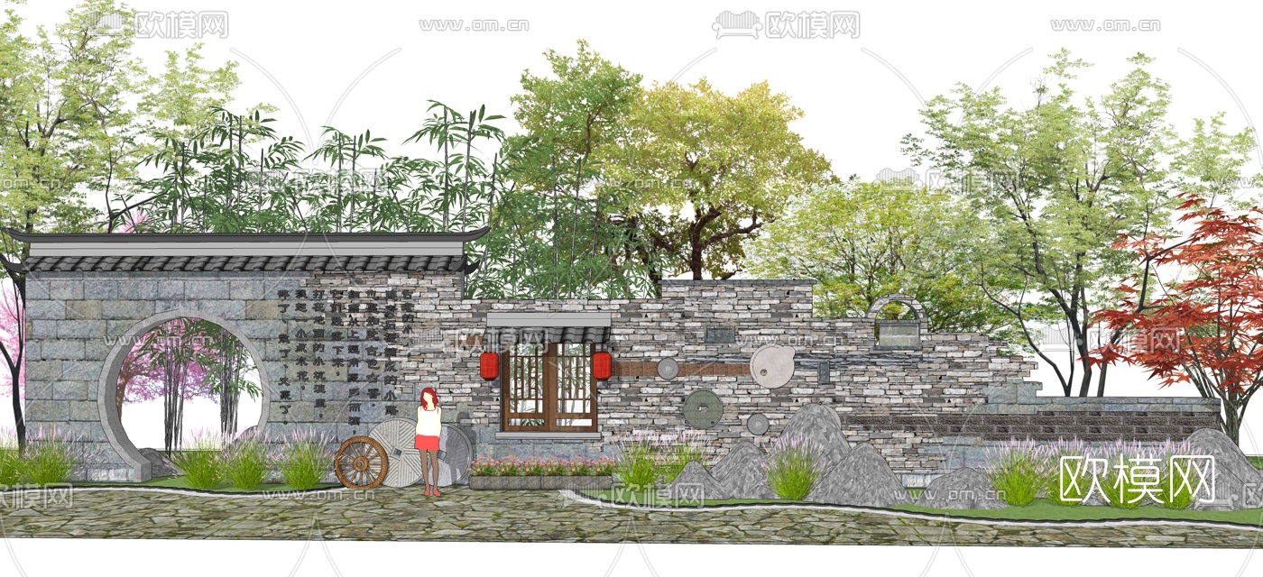 中式民俗文化景墙绿植小品su模型