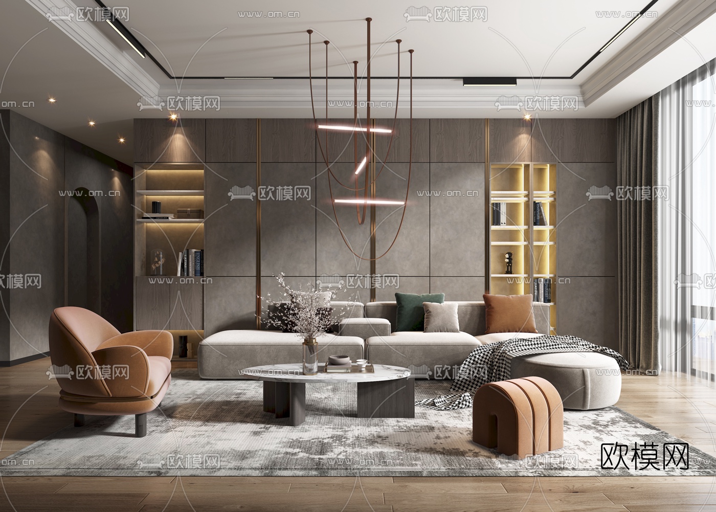 现代布艺转角沙发组合3d模型下载（渲染图1）