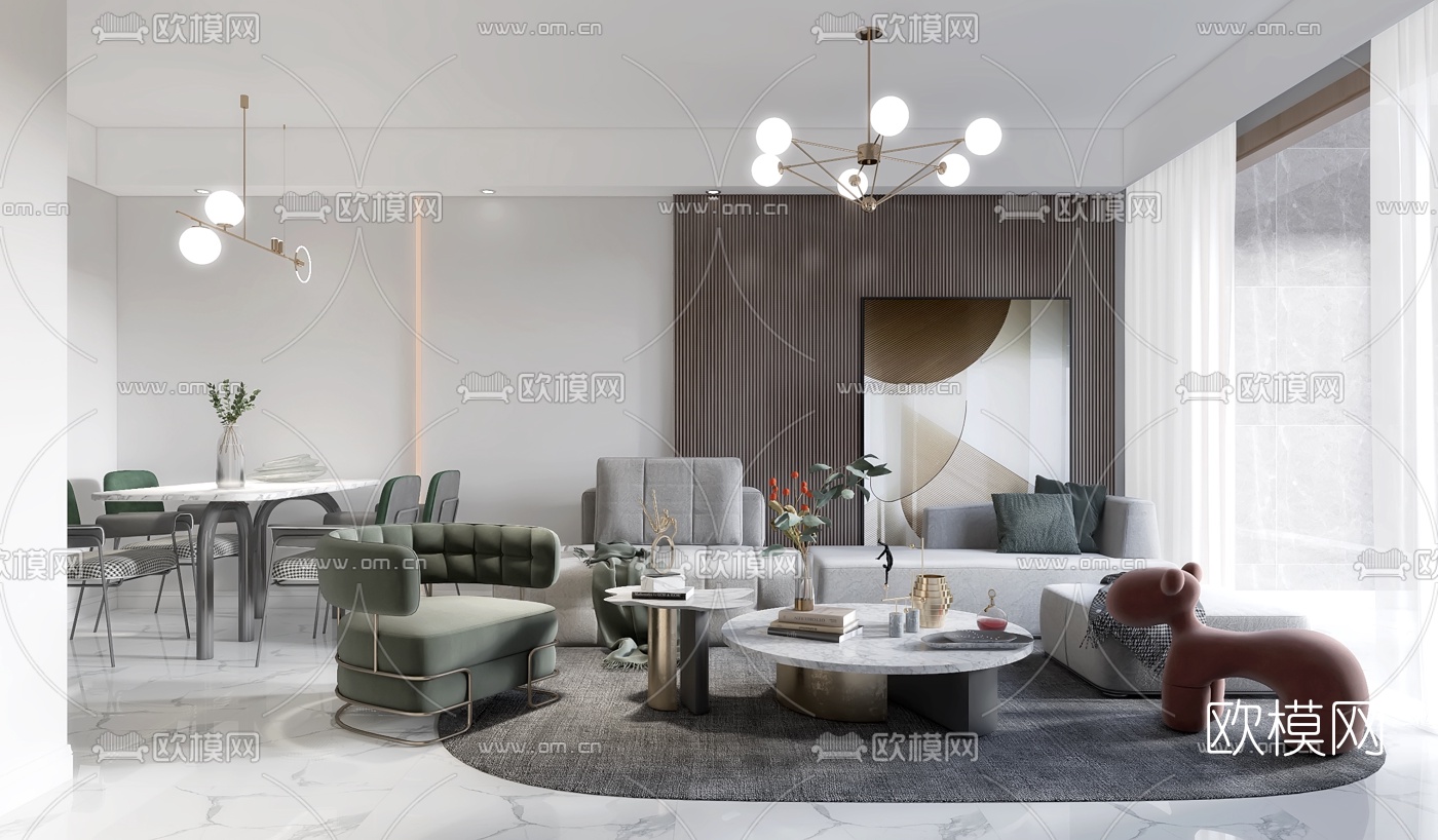 现代轻奢客厅餐厅3d模型下载（渲染图2）