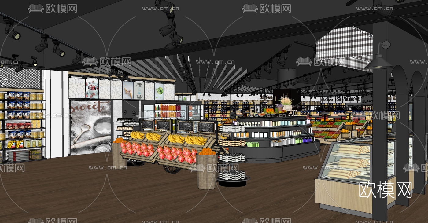 现代商场超市货架菜市场su模型下载（渲染图1）