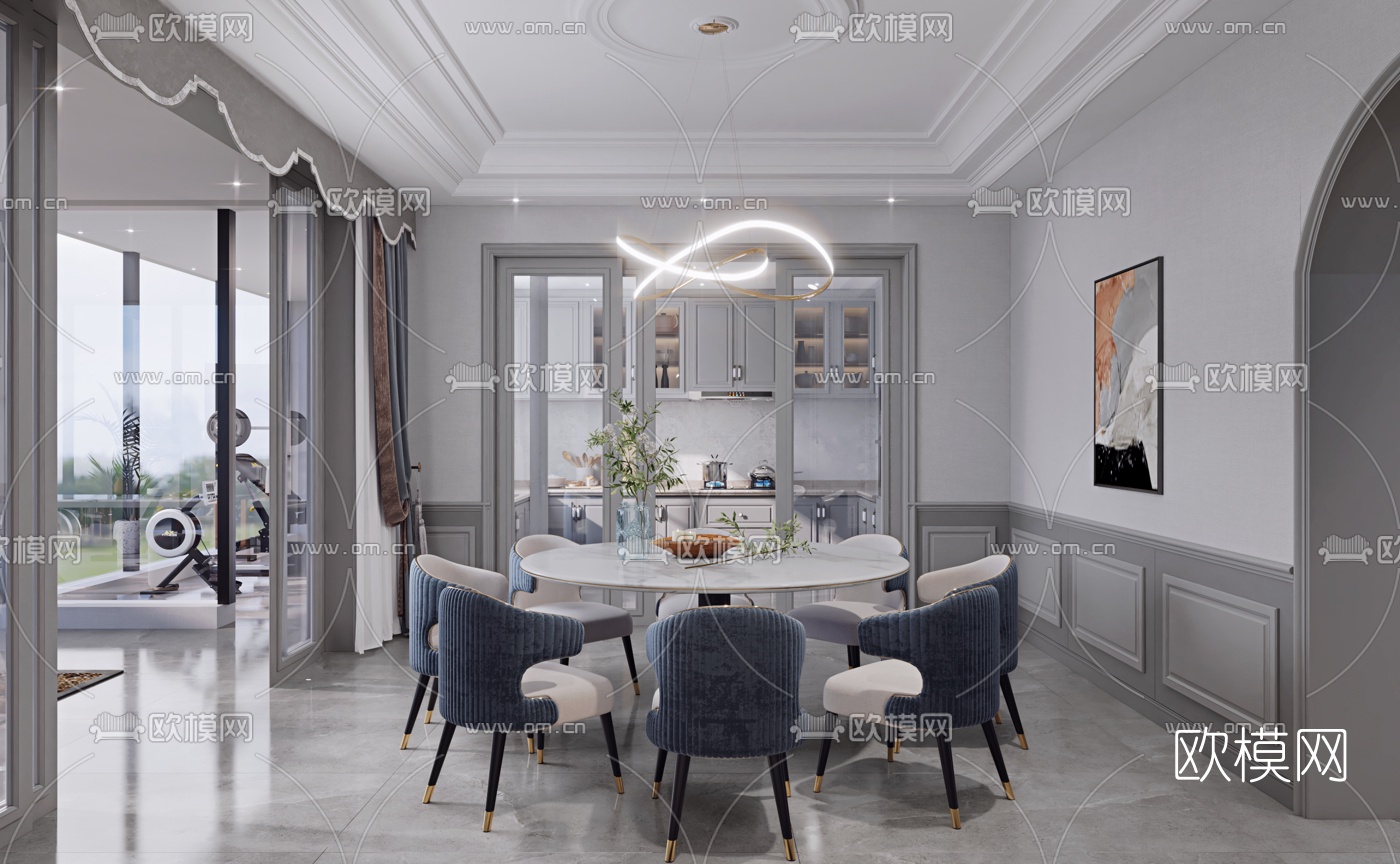 简欧别墅客厅餐厅茶室3d模型