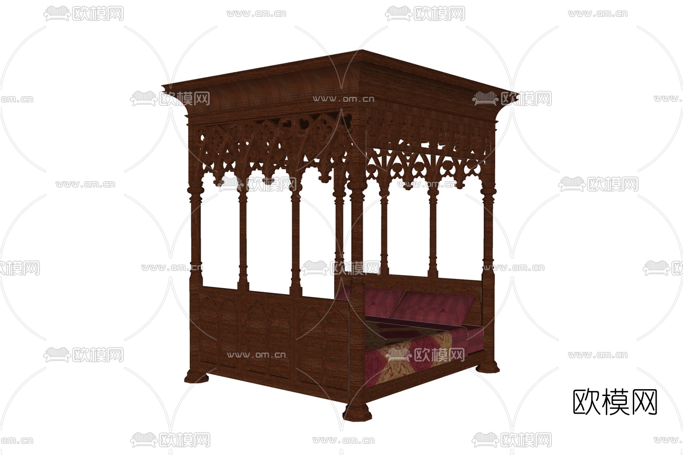 中式实木镂空双人床su模型下载