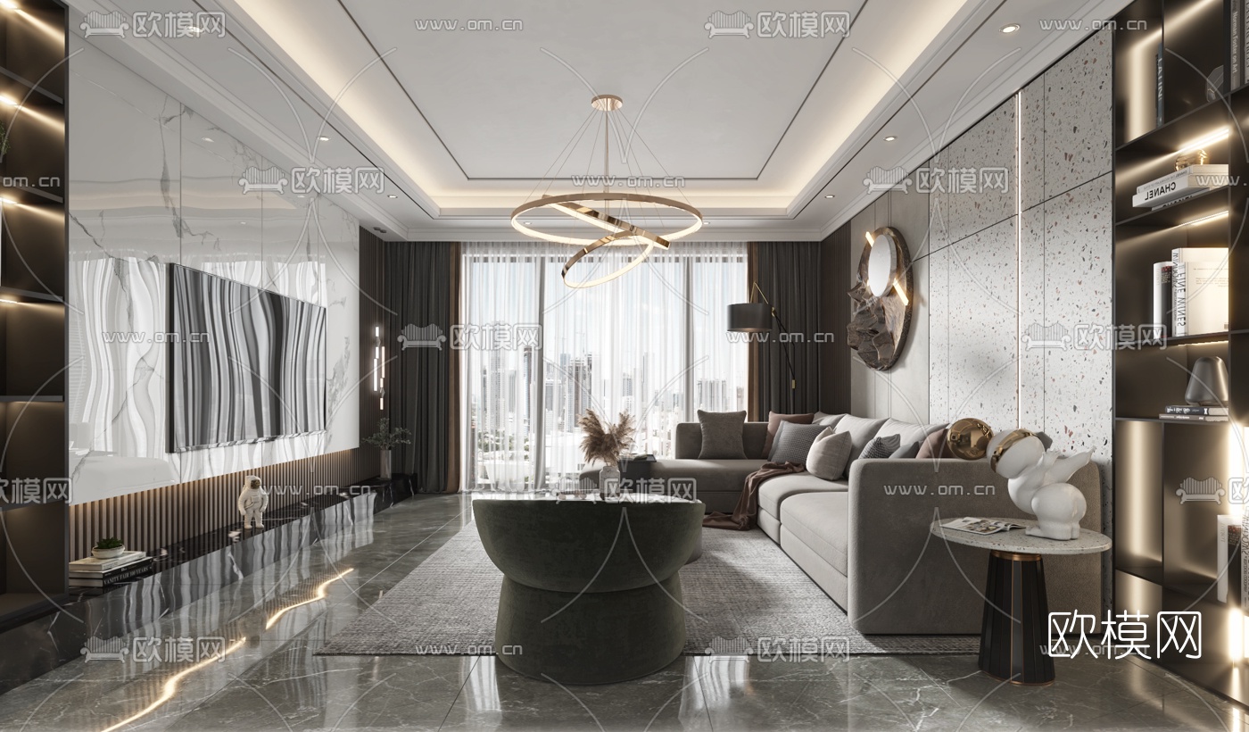 现代轻奢客厅3d模型下载（渲染图3）