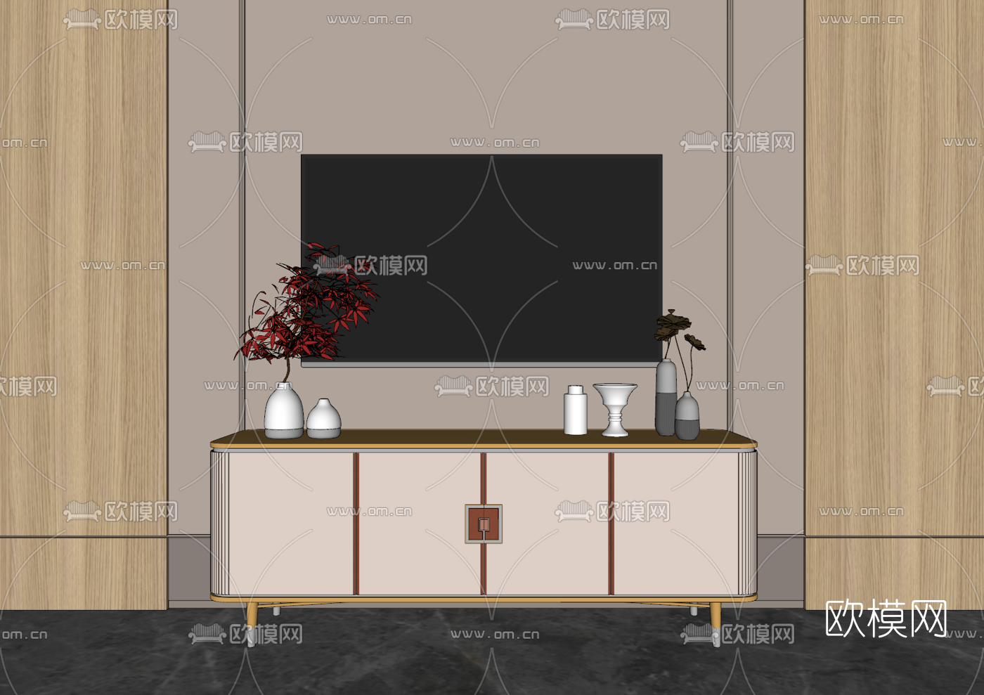 新中式轻奢电视柜su模型下载（渲染图2）