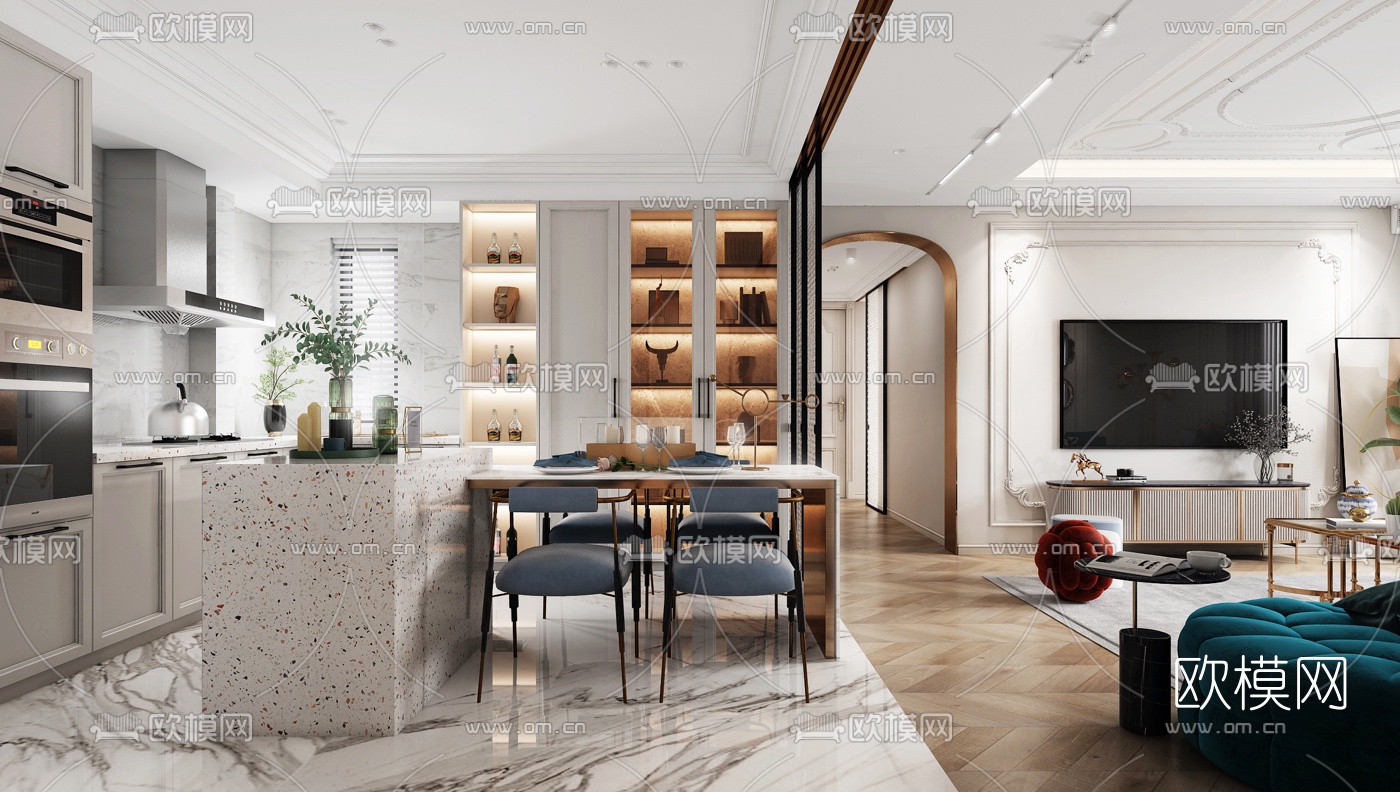 后现代客厅餐厅3d模型下载（渲染图3）